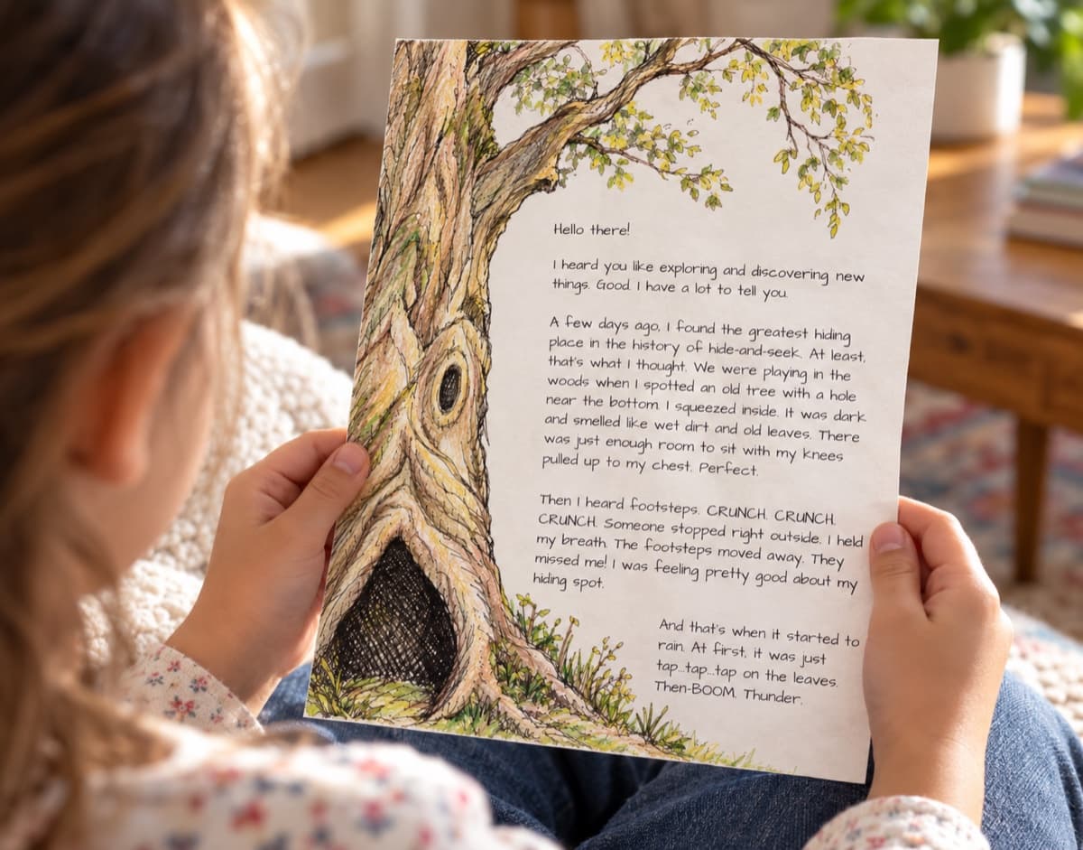 A child reading Letter 1, illustrated with a hollow tree