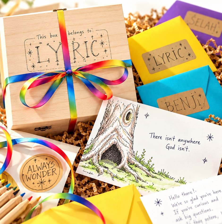 A wooden welcome box with a rainbow ribbon and the name Lyric, next to colored envelopes and Discovery Card number one